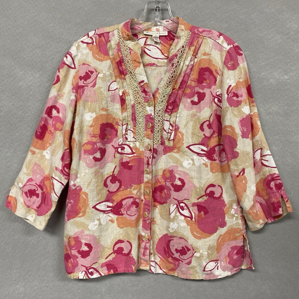 100% Linen Top Women's 6P Button Up‎ V Neck Barbiecore JM Collection Feminine